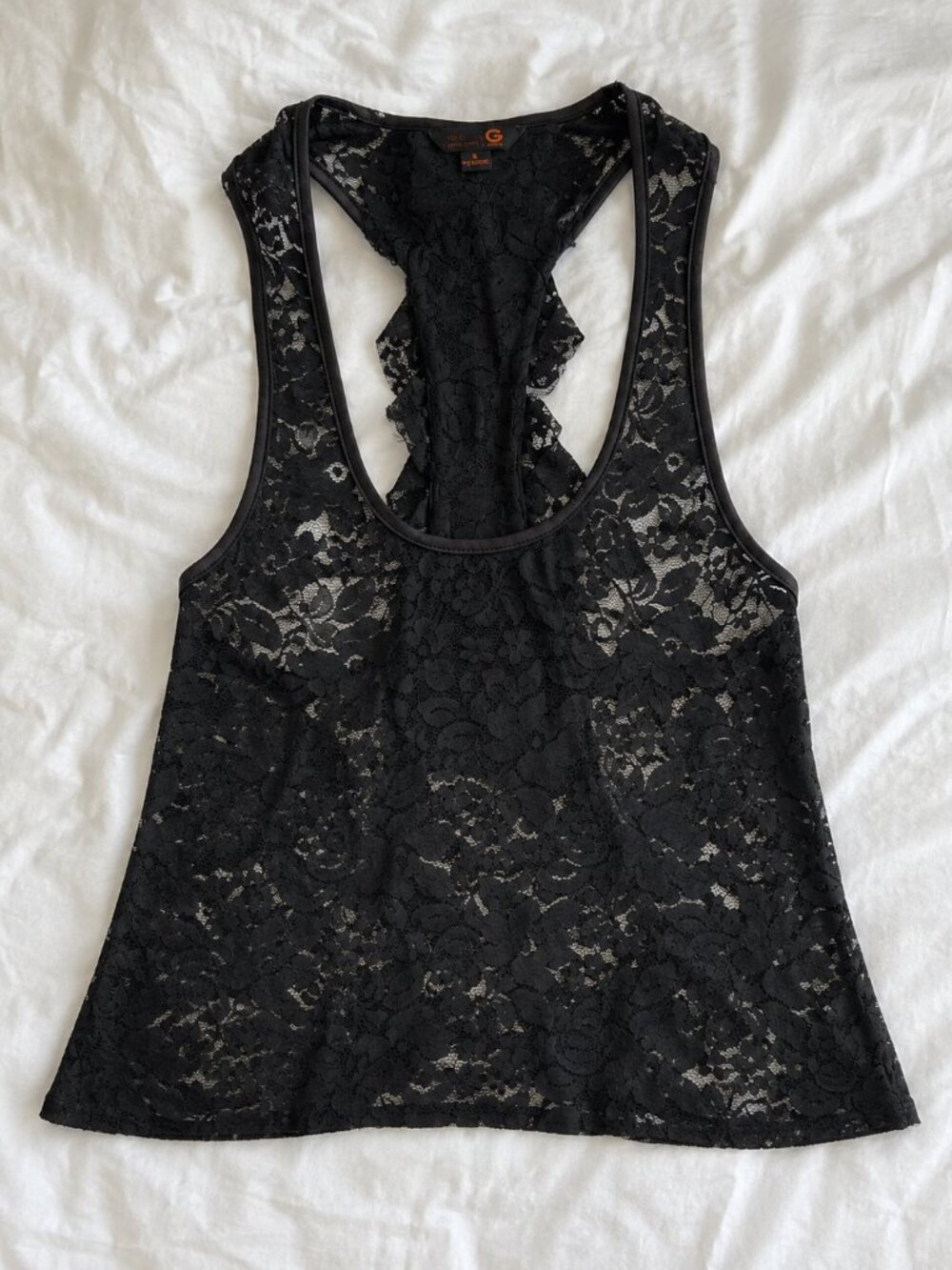G by GUESS Women’s S Sheer Black Lace Crop Tank Top with Ruffle Racerback